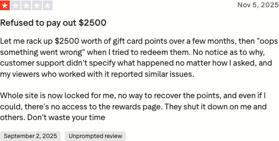 Trustpilot review titled Refused to pay out $2500, describing gift card points that could not be redeemed
