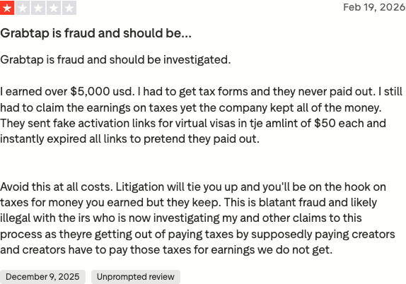 Trustpilot review describing over $5,000 earned in GrabTap rewards, taxed but never paid out